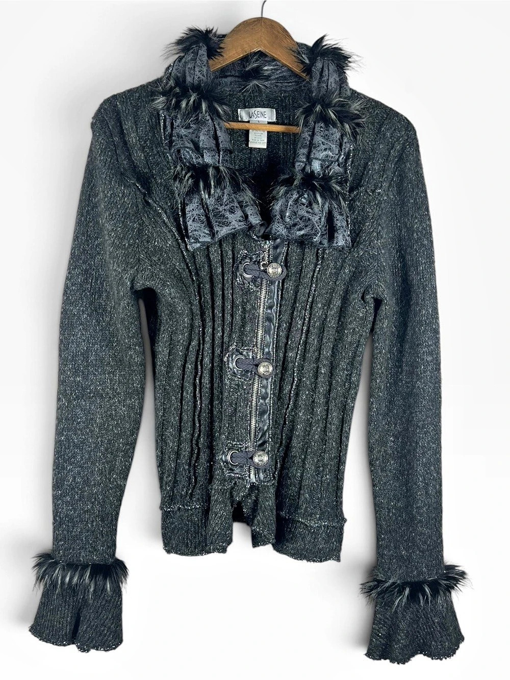 Vintage LaSeine Women Cardigan Gray L Faux Fur Trim Wool Blend Y2K Whimsigoth